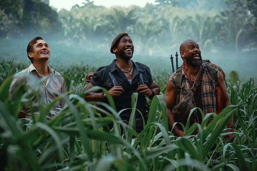 L to R: Rupert Friend as Martin Krebs, Mahershala Ali as Duncan Kincaid, and Bechir Sylvain as Leclerc in Jurassic World Rebirth