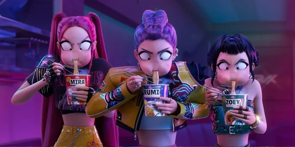 Rumi, Mira and Zoey eat cup noodles with their names on them in KPop Demon Hunters