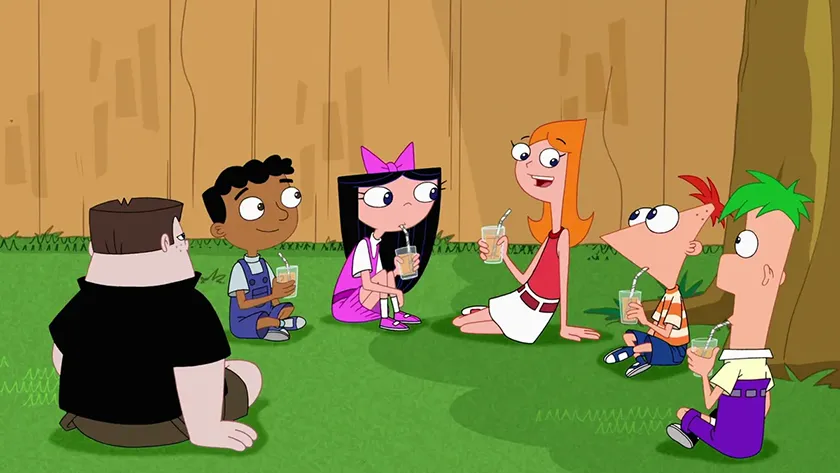 Five friends sit drinking iced drinks on the grass in a still from Phineas and Ferb Season 5