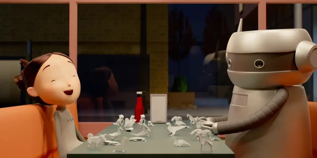 A robot and a girl are having dinner in a still from the animated film Space Cadet