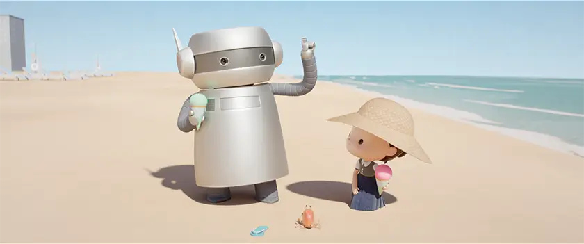 A robot and a girl are on the beach in a still from the animated film Space Cadet