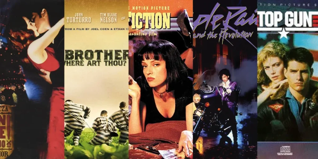 The album covers of the OST for the films Moulin Rouge, O Brother Where Art Thou, Pulp Fiction, Purple Rain, and Top Gun, five of the 30 Best Movie Soundtracks of All Time Ranked from worst to best by Loud And Clear Reviews