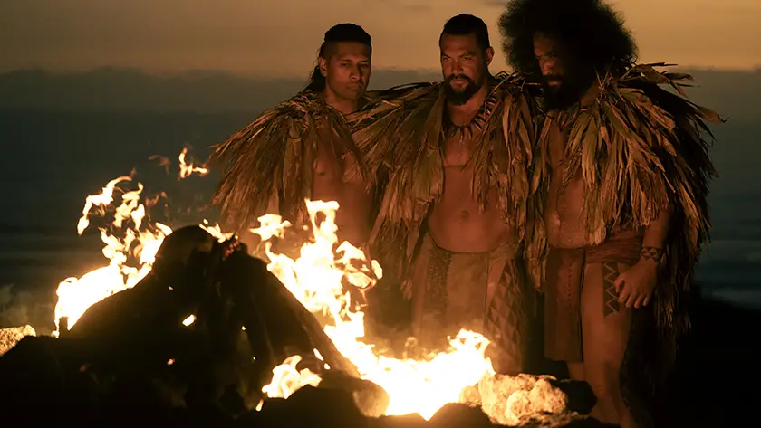 Te Kohe Tuhaka, Jason Momoa and Siua Ikale‘o in "Chief of War"