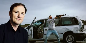 Nick Offerman stands by a car pointing a gun at someone in the 2025 movie Sovereign, with a still of director Christian Swegal, whom we interview, on the left