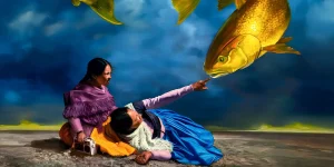 A cropped still of the poster of the 2025 movie "Cielo", where two women touch a flying golden fish's face