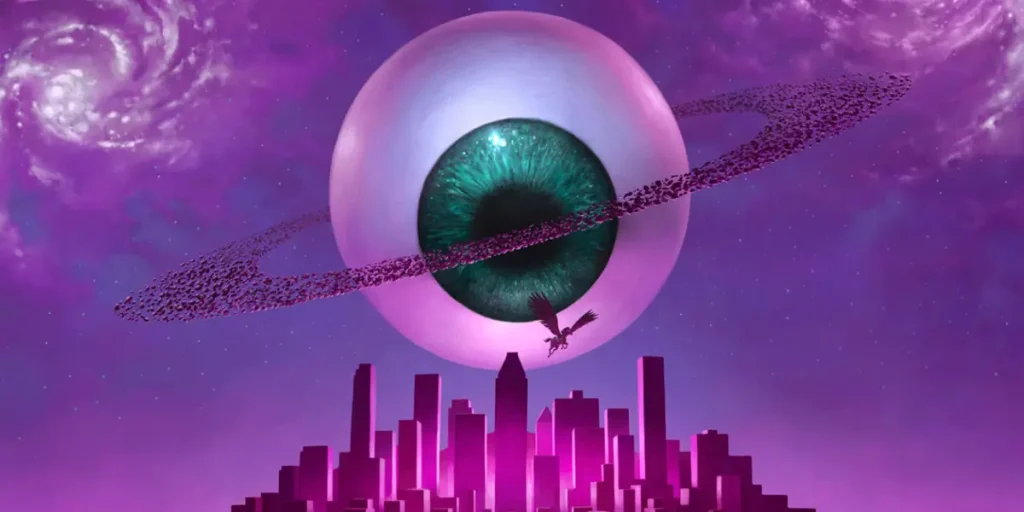 poster for the 2025 Fantasia Film Festival, showing a planet that looks like an eye on the top of a city