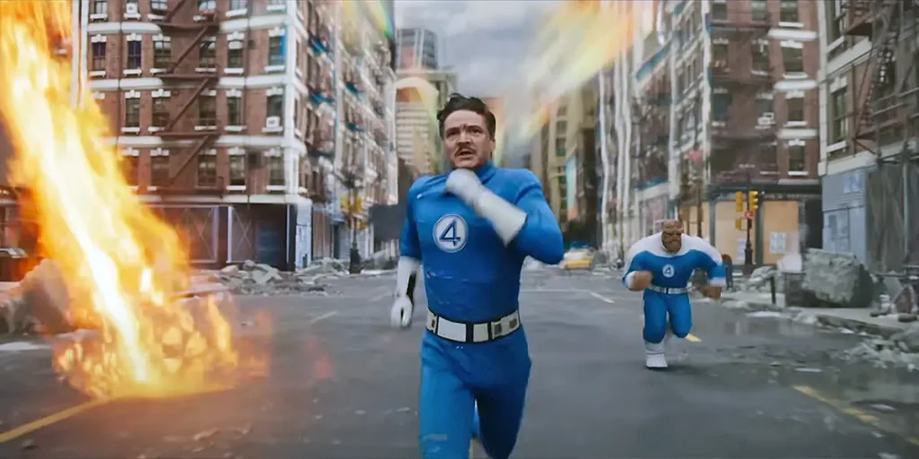Pedro Pascal as Reed Richards / Mister Fantastic and Ebon Moss-Bacharach as Ben Grimm / The Thing in 20th Century Studios/Marvel Studios' THE FANTASTIC FOUR: FIRST STEPS