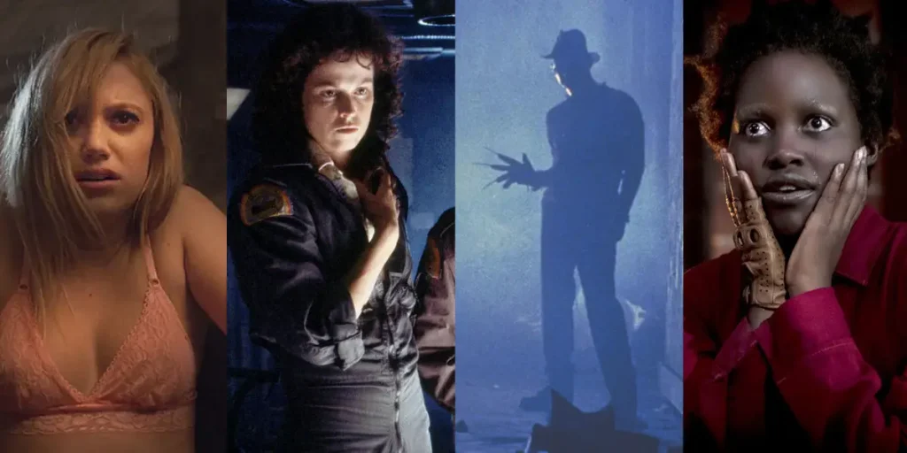 Stills from It Follows, Alien (1979), A Nightmare on Elm Street and Us, 4 of the 10 best horror thriller movies according to Loud and Clear Reviews