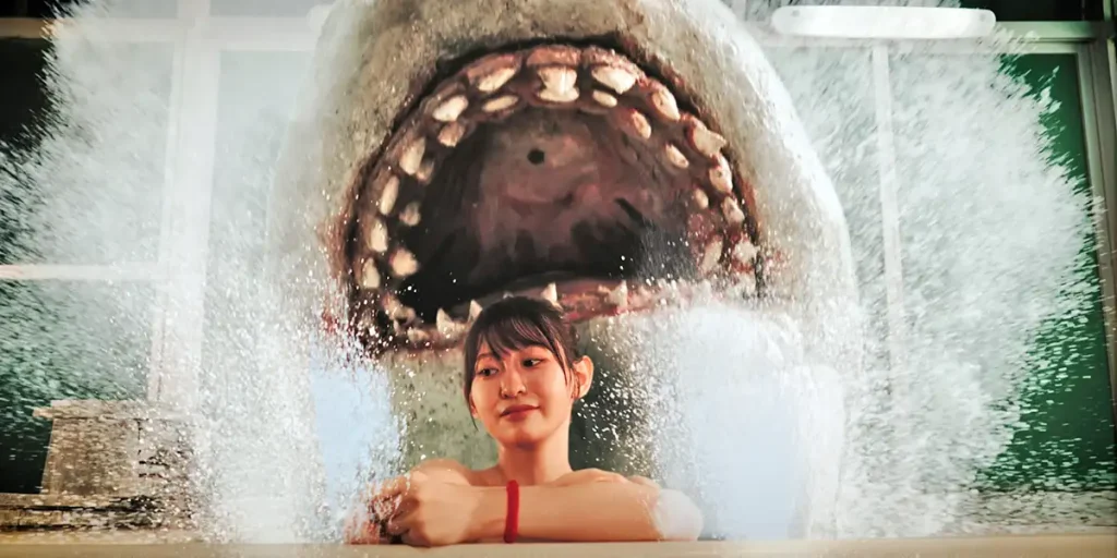 A young woman is in an onsen, looking out, with a shark about to eat her behind her, in a still from the movie Hot Spring Shark Attack (温泉シャーク)