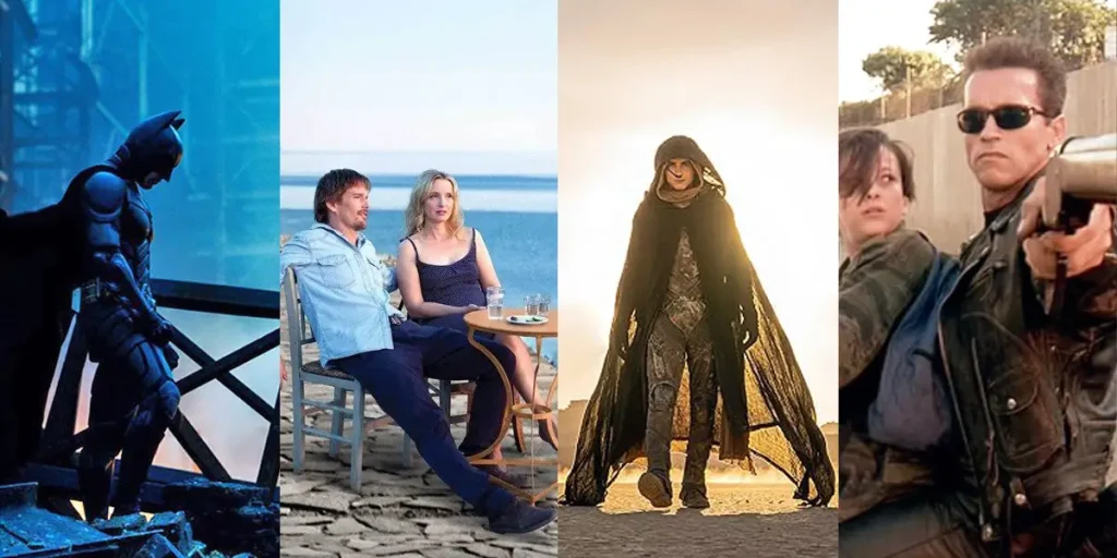 Stills from The Dark knight, Before Midnight, Dune 2, and Terminator, four of the 25 movie sequels that are better than the original according to Loud And Clear Reviews