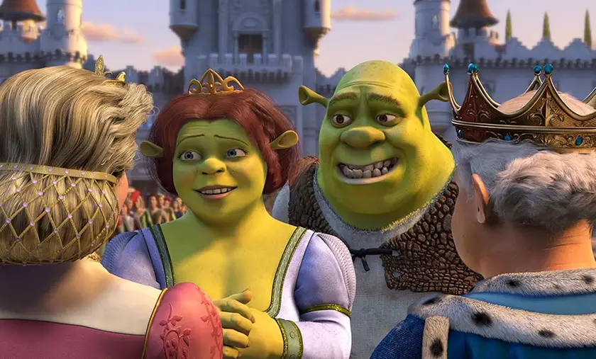 Fiona and Shrek talk to the kind and queen in Shrek 2