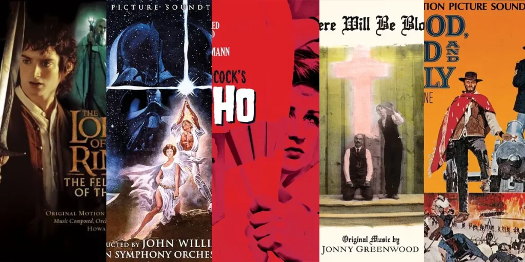 A collage of the album covers for the Lord of the Rings, Star Wars, Psycho, There Will Be Blood and The Good, The Bad and The Ugly OST, five of the 30 Best Movie Scores of All Time Ranked from worst to best by Loud And Clear Reviews