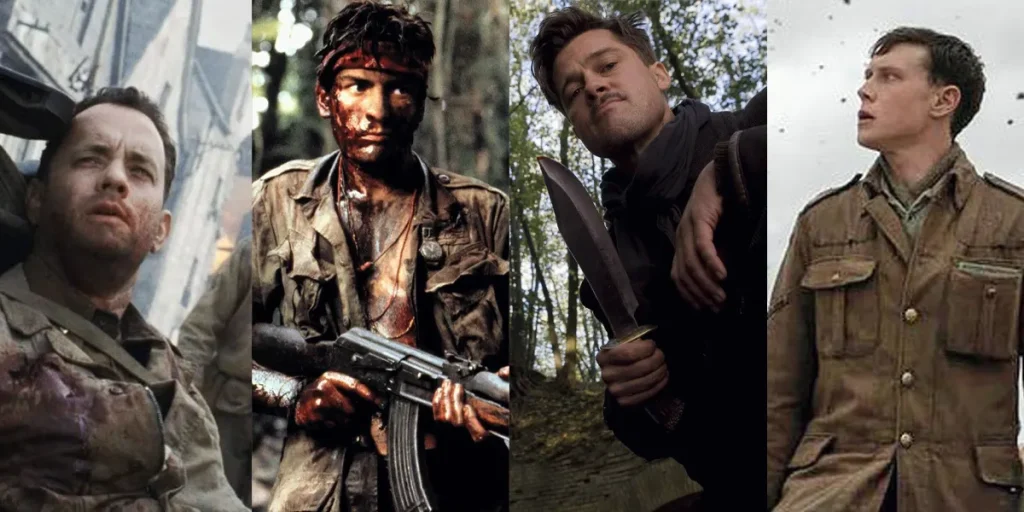 stills from Saving Private Ryan, Platoon, Inglorious Basterds, and 1917, four of the 10 best war movies of all time listed by Loud and Clear Reviews