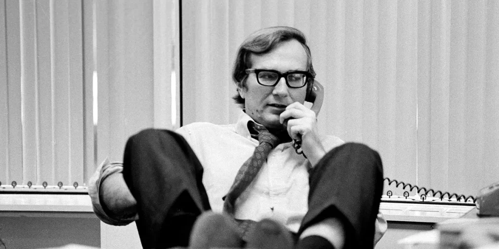 Seymour Hersh in his office at the Washington bureau of The New York Times, 1975 in a still used in the 2025 movie "Cover-Up"