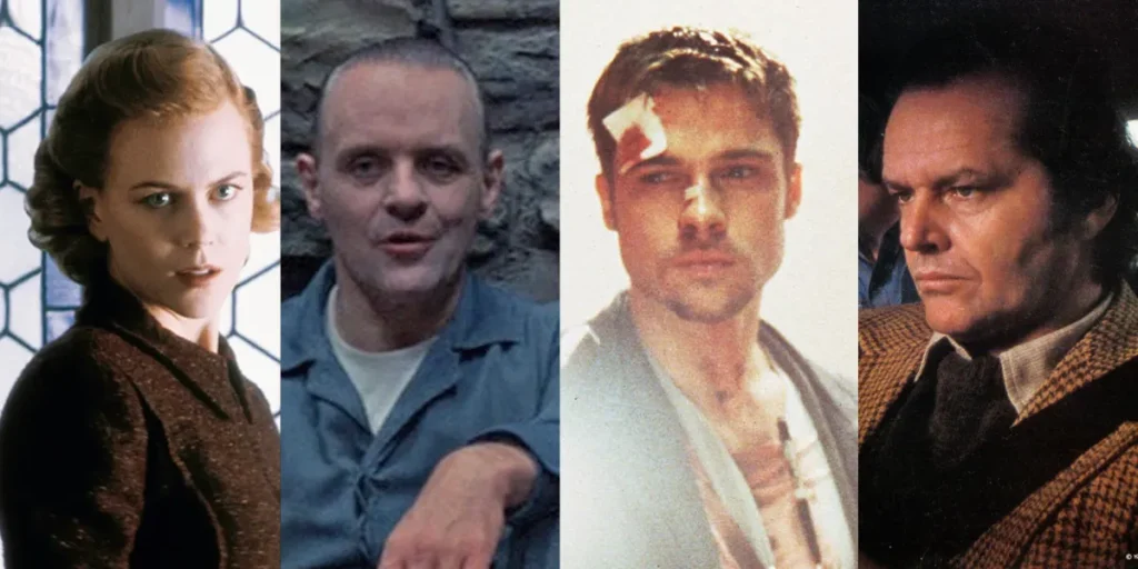 Stills from The Others, Silence of the Lambs, Se7en, and The Shining, four of the best thriller suspense movies according to Loud and Clear Reviews