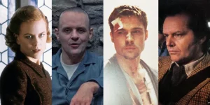 Stills from The Others, Silence of the Lambs, Se7en, and The Shining, four of the best thriller suspense movies according to Loud and Clear Reviews