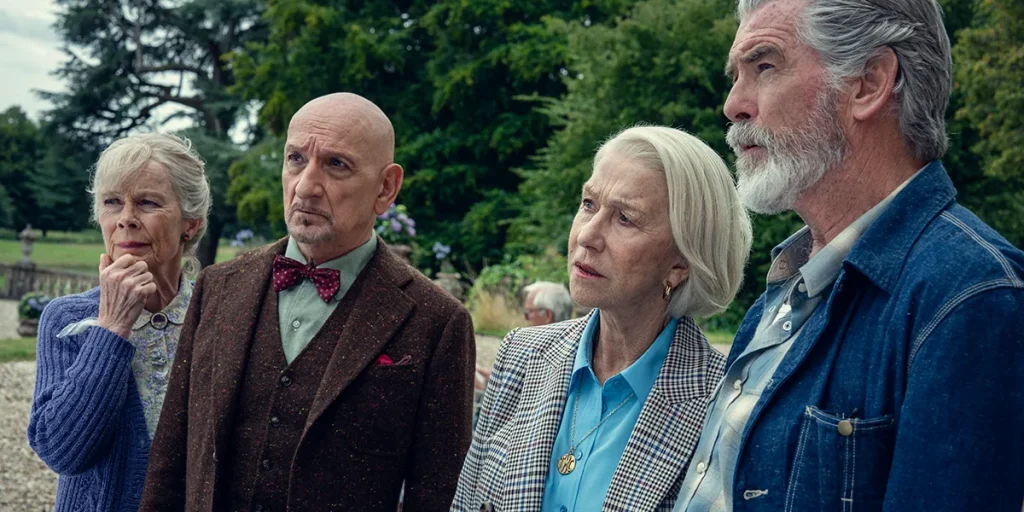 Celia Imrie, Sir Ben Kingsley, Helen Mirren and Pierce Brosnan in The Thursday Murder Club