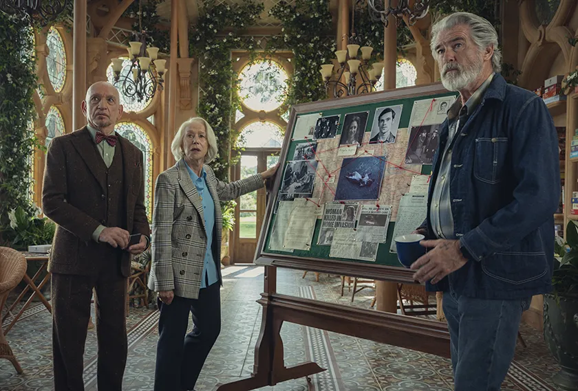 Sir Ben Kingsley, Helen Mirren and Pierce Brosnan in The Thursday Murder Club