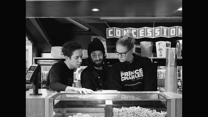 The staff of the Prince Charles Cinema in a still from The Regulars (2025)