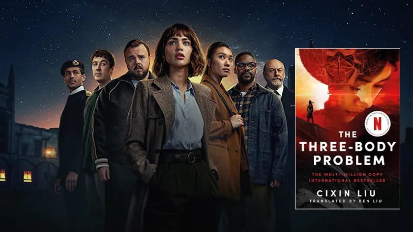 A still from the Netflix series "3 Body Problem" with the cover of the "The Three-Body Problem" book on top of it