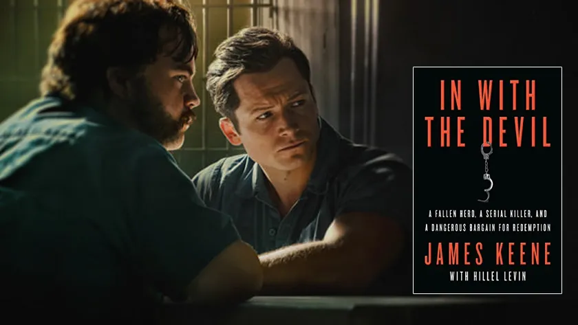 A still from the Apple TV+ series "Black Bird" with the cover of the James Keene book "In with the Devil" on top of it
