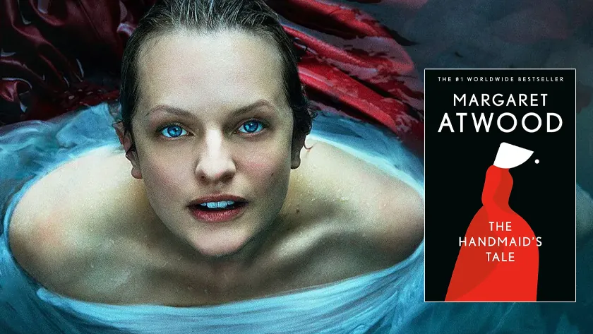 A still from the Hulu series "The Handmaid's Tale" with the cover of the book on top of it