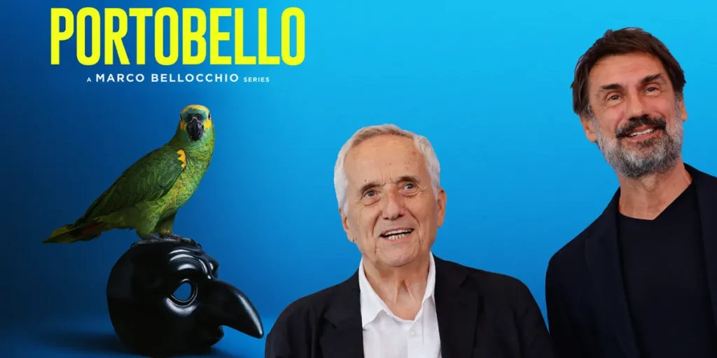Poster for the series Portobello, and a photo of Marco Bellocchio and Fabrizio Gifuni, whom we interview, at the Venice Film Festival photocall for the show
