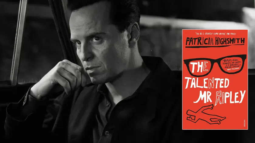 A still from the Netflix series "Ripley" with the cover of the book "The Talented Mr. Ripley" on top of it