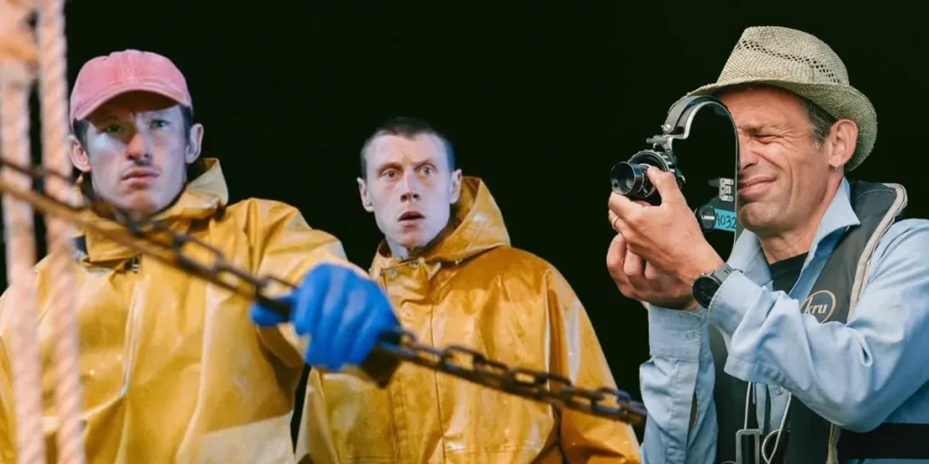 Callum Turner and George MacKay in a still from Rose of Nevada, and director Mark Jenkin, whom we interview, shoring the movie