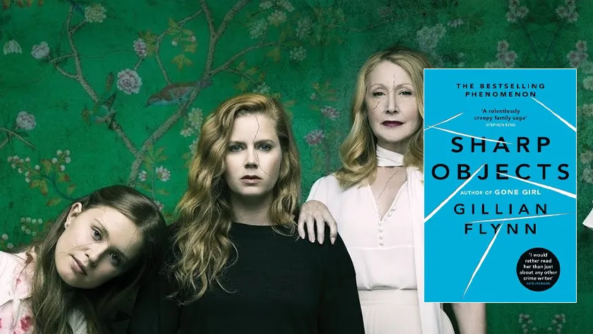 A still from the Prime Video series "Sharp Objects" with the cover of the book on top of it