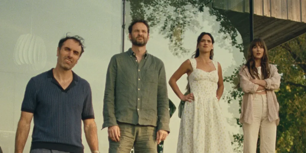 Michael Angelo Covino, Kyle Marvin, Adria Arjona, and Dakota Johnson in the film Splitsville