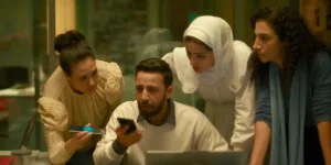 A man and three women are on the phone in The Voice of Hind Rajab