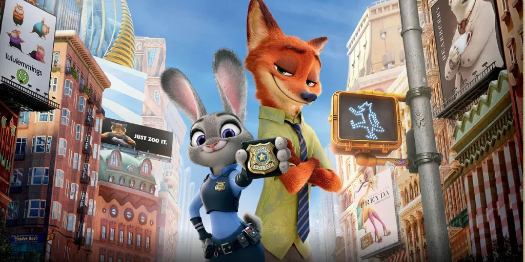 An animated bunny and fox pose together in an animated still from the movie Zootopia