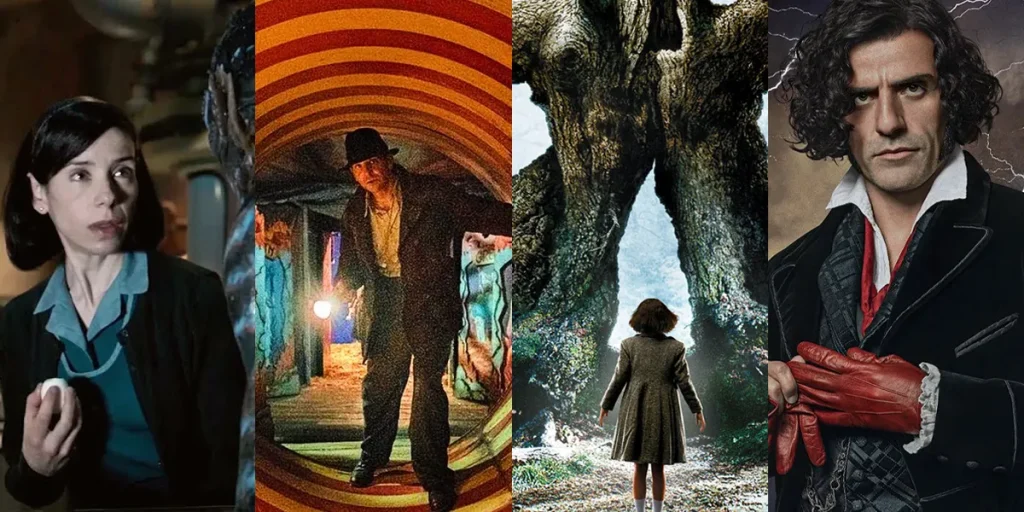 Stills from The Shape of Water, Nightmare Alley, Pan's Labyrinth and Frankenstein, four of the Guillermo del Toro movies ranked from worst to best by Loud and Clear Reviews