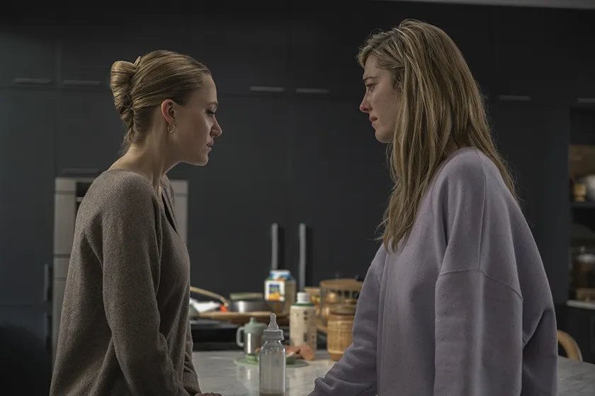 Maika Monroe as Polly Murphy and Mary Elizabeth Winstead as Caitlin Morales in The Hand That Rocks The Cradle (2025)