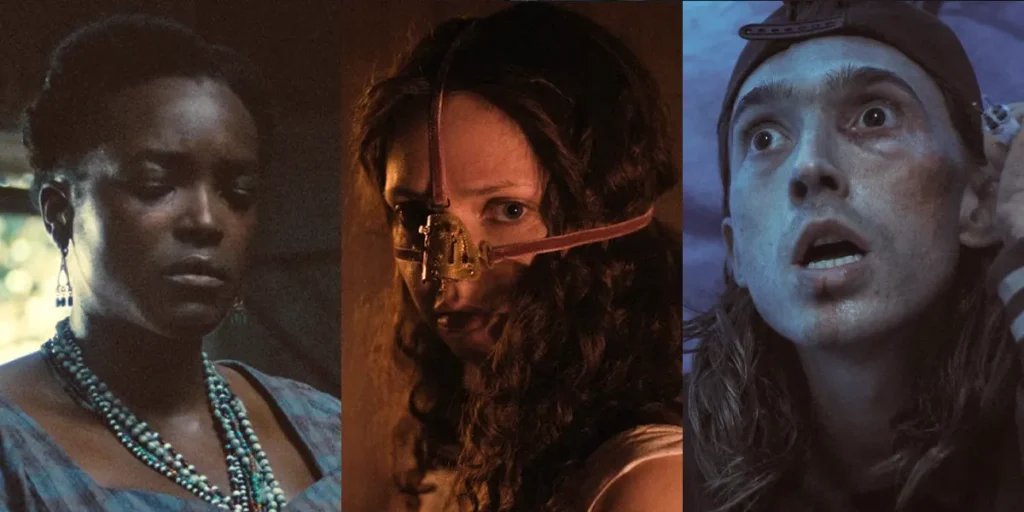 Stills from Sinners, The Ugly Stepsisters, and Weapons, three of the top 7 best horror performances of 2025 according to Loud and Clear Reviews