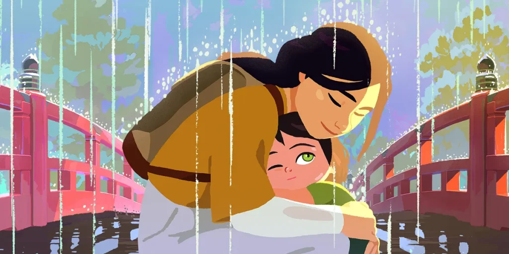 A mother and a daughter hug on a bridge in Japan while it's raining in an animated still from the film Little Amélie or the Character of Rain