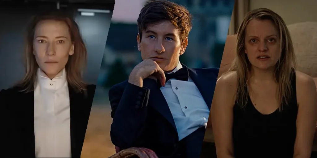 Stills from TAR, Saltburn, and The Invisible Man, three of the 5 recent movies about narcissists listed by Loud And Clear Reviews