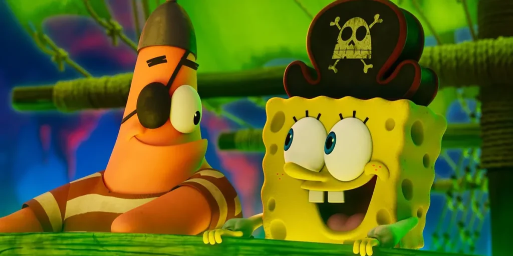 SpongeBob and Patrick journey to the ocean's depths to face the Flying Dutchman's ghost in a still from The SpongeBob Movie: Search for SquarePants
