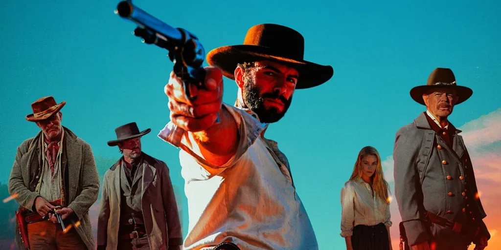 Myles Clohessy points a gun at someone with four people behind him in the poster for the western movie Frontier Crucible