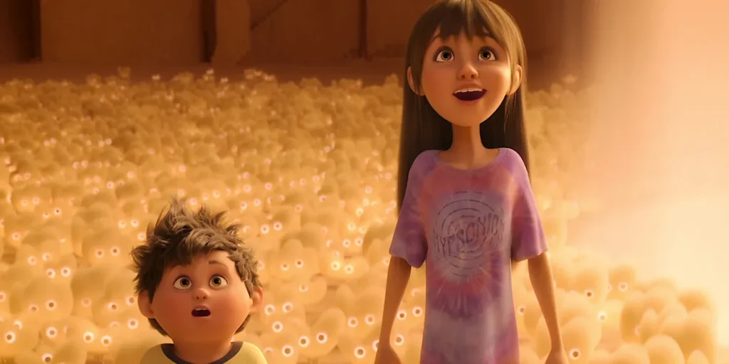 A young girl and a younger boy look up in wonder in a still from the animated film In Your Dreams