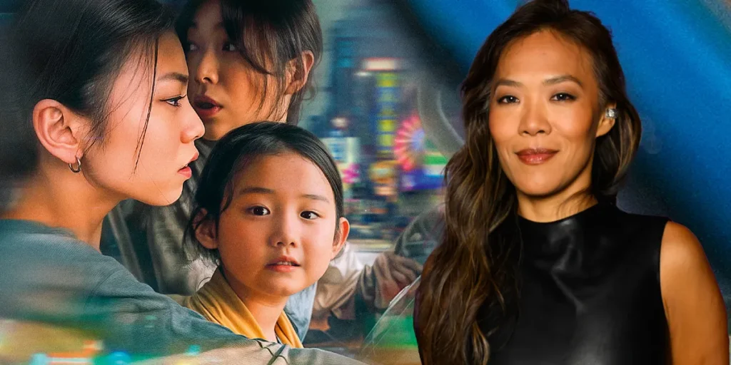 Janel Tsai and Nina Ye are in a car in the poster for Left-Handed Girl, with a still of director Shih-Ching Tsou, whom we interview, on their right