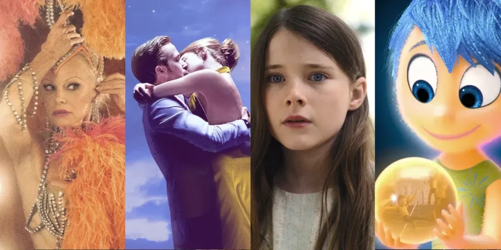 Stills from The Last Showgirl, La La Land, The Quiet Girl and Inside Out, four of the best movies to watch when you feel bittersweet according to Loud And Clear Reviews