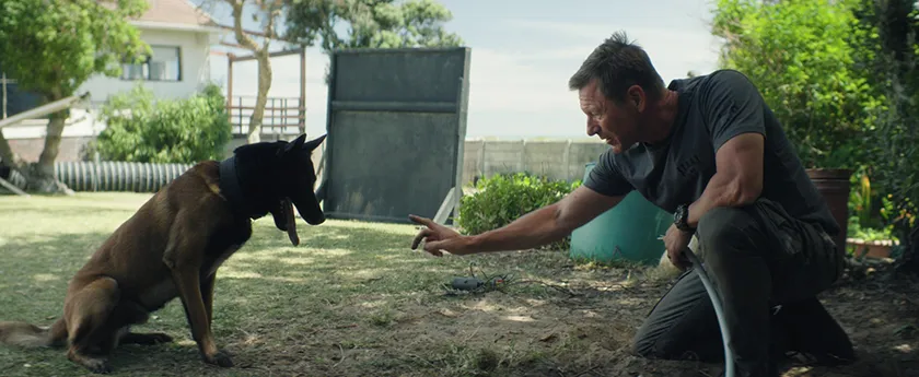 Aaron Eckhart and Argos in Muzzle: City of Wolves