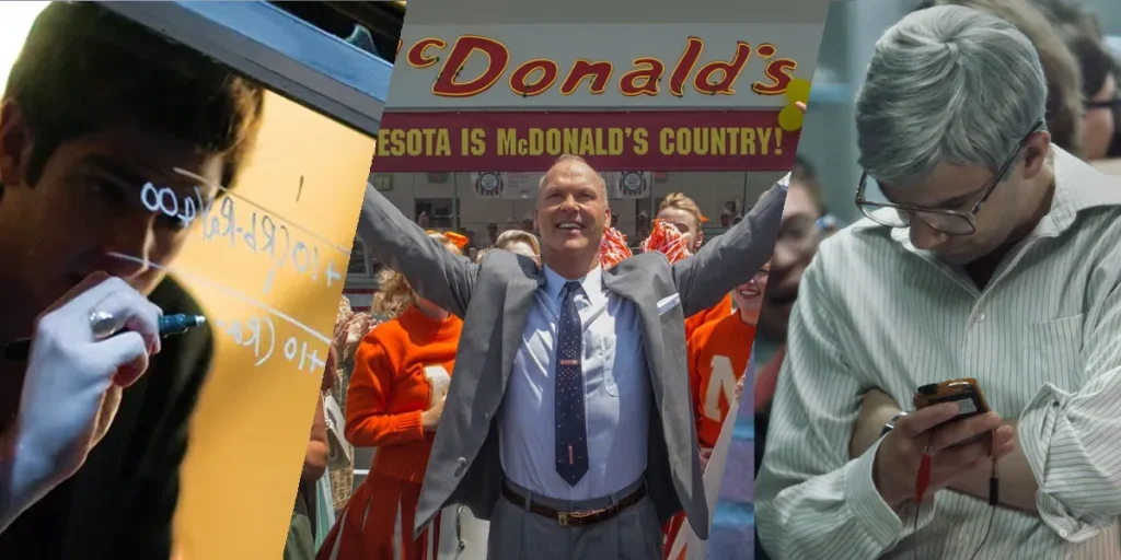 Stills from The Social Network, The Founder, and BlackBerry