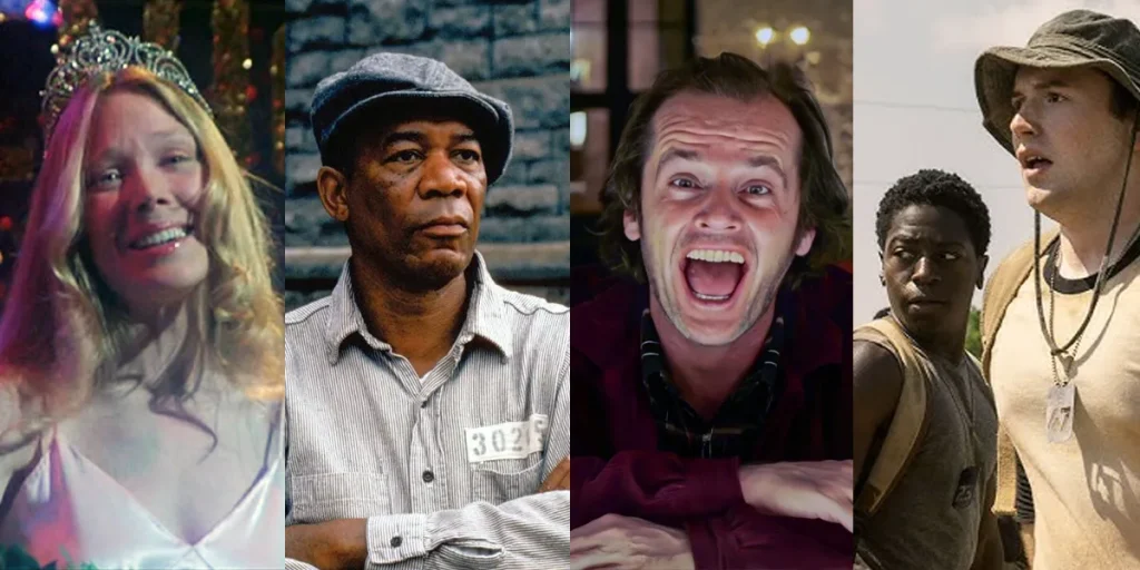 Stills from Carrie, The Shawshank Redemption, The Shining, and The Long Walk, four of the top 15 best Stephen King movies ranked from worst to best by Loud And Clear Reviews