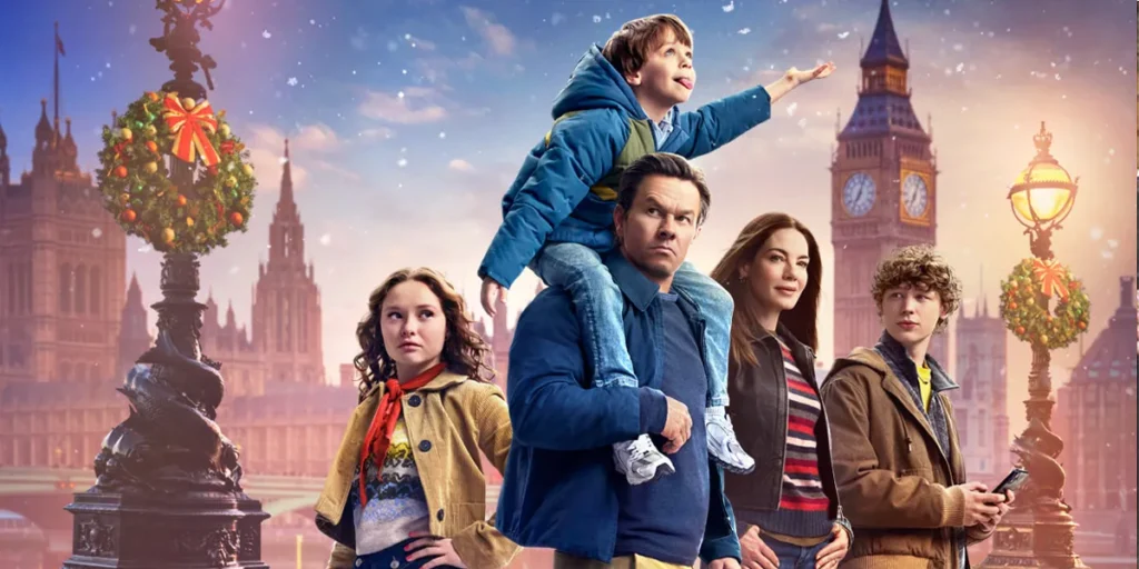 Van Crosby, Peter Lindsey, Michelle Monaghan, Mark Wahlberg, Zoe Colletti and Reda Elazouar in the poster for "The Family Plan 2"