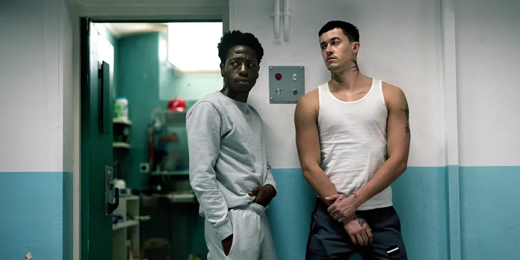 David Jonsson and Tom Blyth lean on a wall in the movie Wasteman