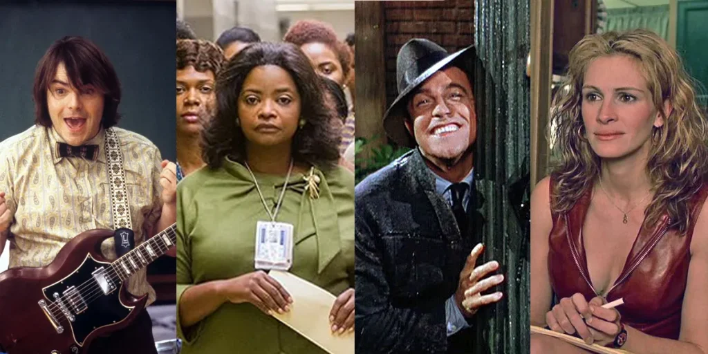 Stills from School of Rock, Hidden Figures, Singin in the Rain and Erik Brokovich, four of the 10 best movies to watch when you feel low according to Loud And Clear Reviews