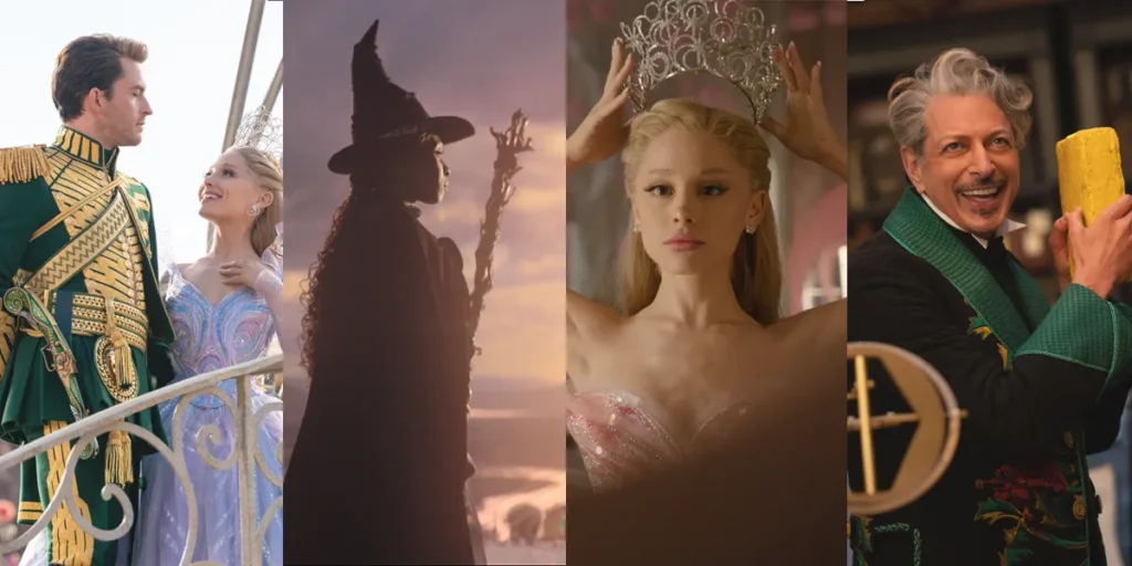 Four stills from the movies Wicked and Wicked: For Good, whose songs are all ranked from worst to best in this article